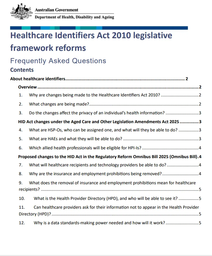 Cover page for the Frequently Asked Questions Healthcare Identifiers Act 2010 legislative framework reforms