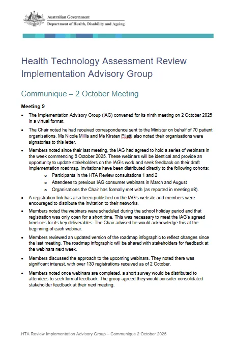 HTA Review Implementation Advisory Group communique – 2 October 2025