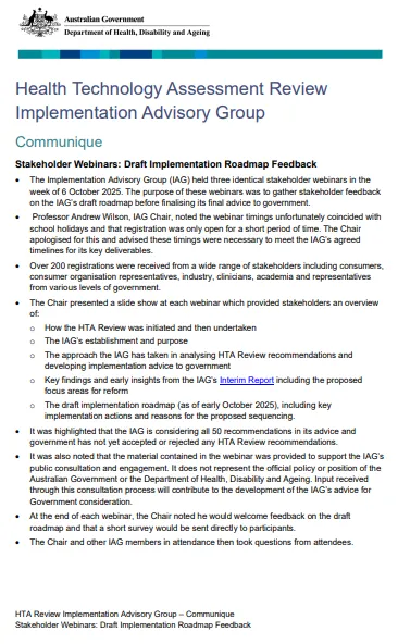 Health Technology Assessment Review Implementation Advisory Group communique cover page