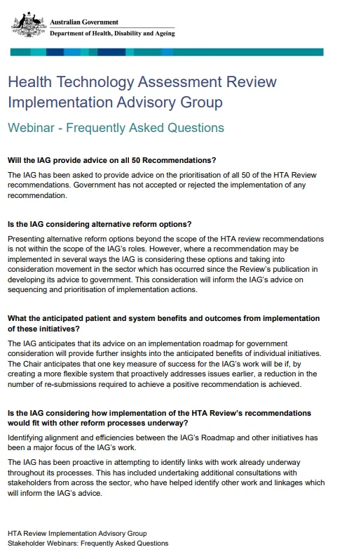 HTA Review Implementation Advisory Group – FAQ cover page