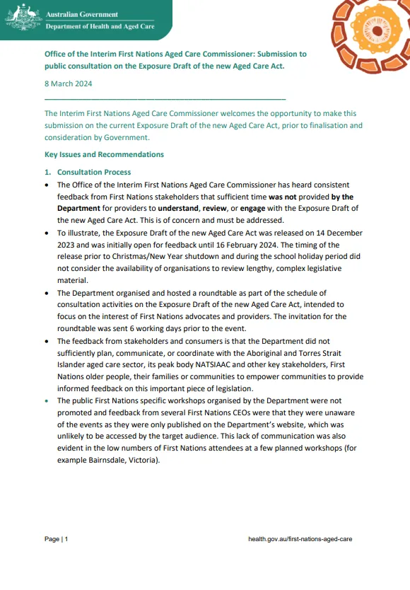 Cover page for the IFNACC submission – Exposure Draft of the New Aged Care Act