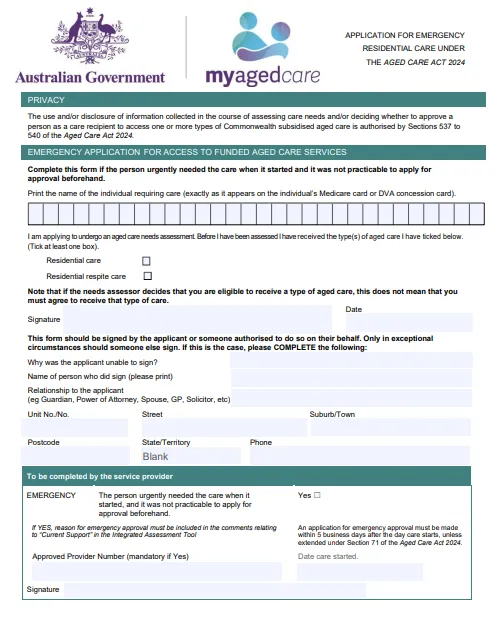 Cover page for the My Aged Care – Application for Emergency Residential Care or Residential Respite Care Form