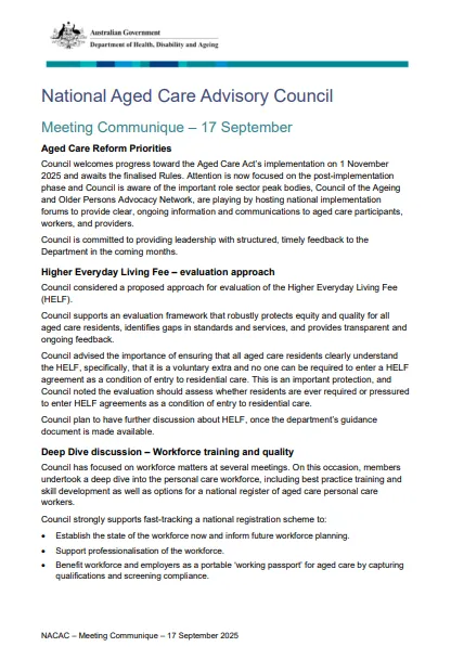 Cover page for the National Aged Care Advisory Council communique – September 2025