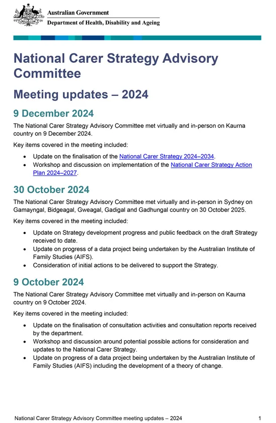 National Carer Strategy Advisory Committee meeting updates – 2024