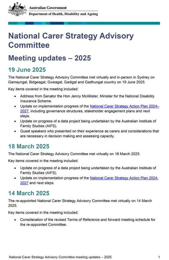 National Carer Strategy Advisory Committee meeting updates – 2025