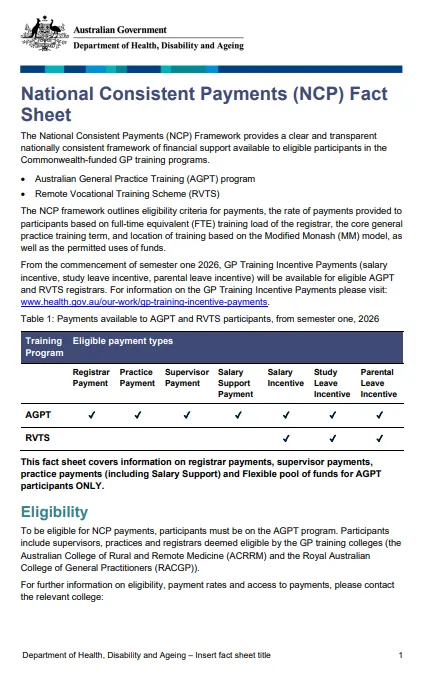 National Consistent Payments Framework (NCP) fact sheet cover page