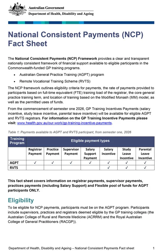 National Consistent Payments Framework (NCP) fact sheet – 2026