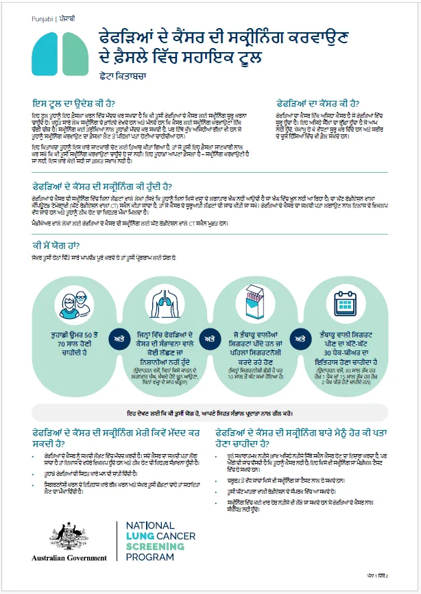 ਫੇਫੜਿਆਂ ਦੇ ਕੈਂਸਰ ਦਾ ਰਾਸ਼ਟਰੀ ਸਕ੍ਰੀਨਿੰਗ ਪ੍ਰੋਗਰਾਮ - ਫੇਫੜਿਆਂ ਦੇ ਕੈਂਸਰ ਦੀ ਸਕ੍ਰੀਨਿੰਗ ਕਰਵਾਉਣ ਦੇ ਫ਼ੈਸਲੇ ਵਿੱਚ ਸਹਾਇਕ ਟੂਲ - ਸੰਖੇਪ ਸਾਰ
