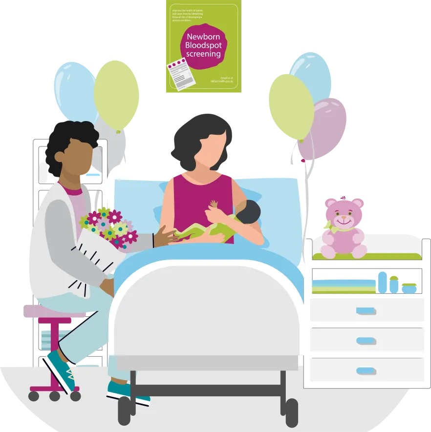 Illustration of a mother holding a new born baby in a hospital setting 