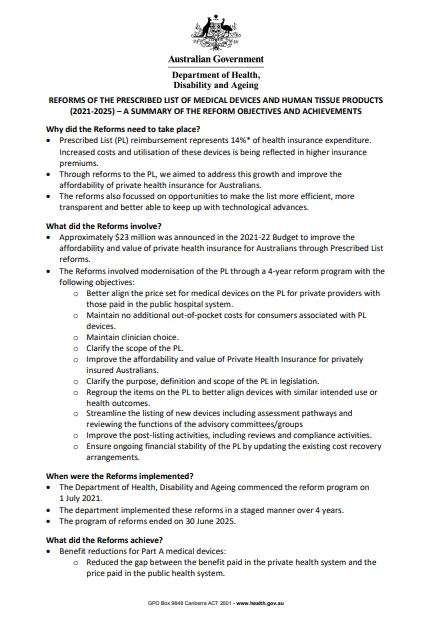 PL reforms  – summary of objectives and achievements cover page