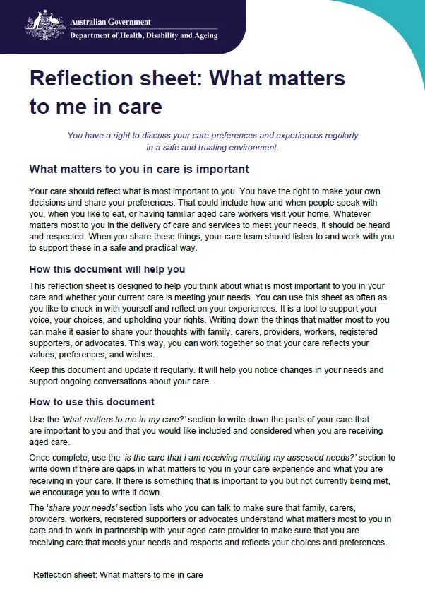 Display image - Reflection sheet - What matters to me in care