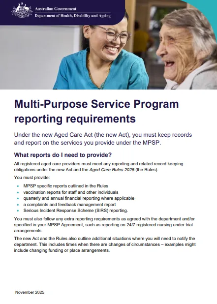 Multi-Purpose Service Program reporting requirements cover page