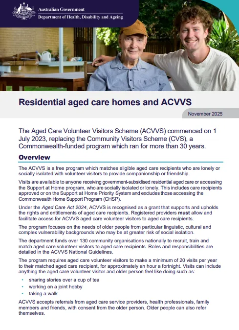 Residential aged care homes and ACVVS cover page