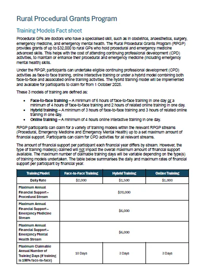 Rural Procedural Grants Program Training Models Fact sheet