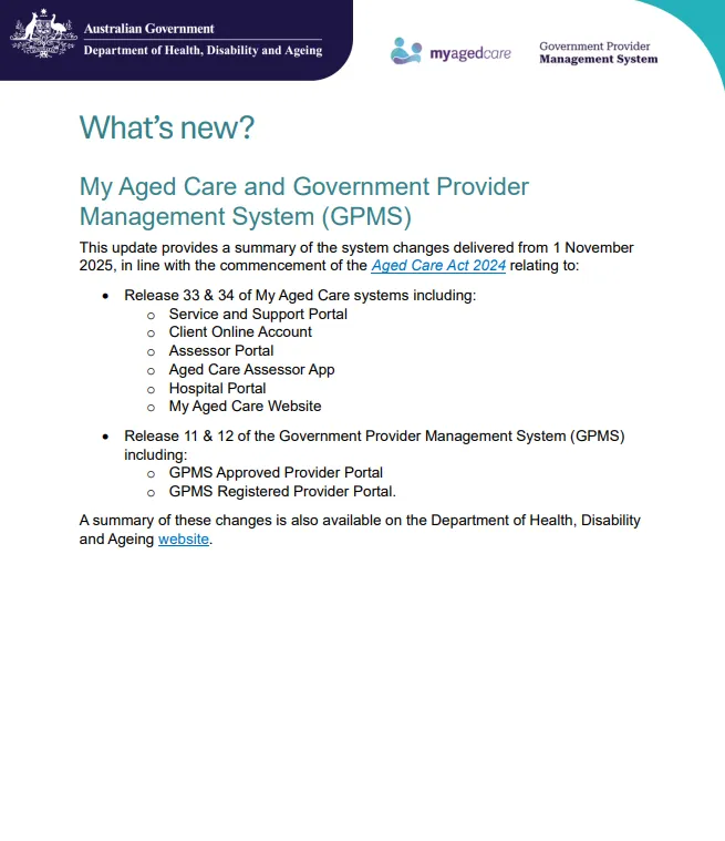 Cover page for the Summary of My Aged Care and Government Provider Management System (GPMS) changes – November 2025