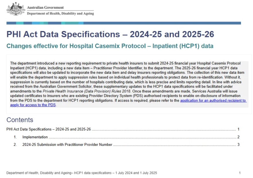 Cover page for the PHI Act Data Specifications – 2024-25 and 2025-26