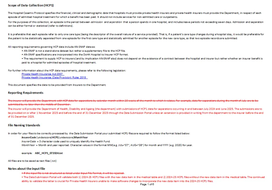 Cover page for the Supplementary HCP data specifications – HCP1 – Insurer to department – 2024–25