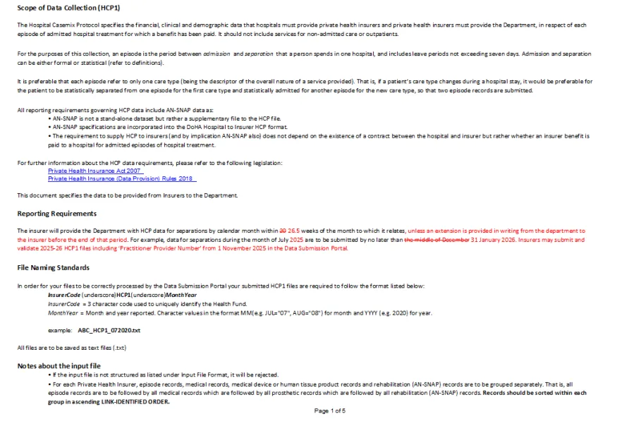Cover page for the Supplementary HCP data specifications – HCP1 – Insurer to department – 2025–26