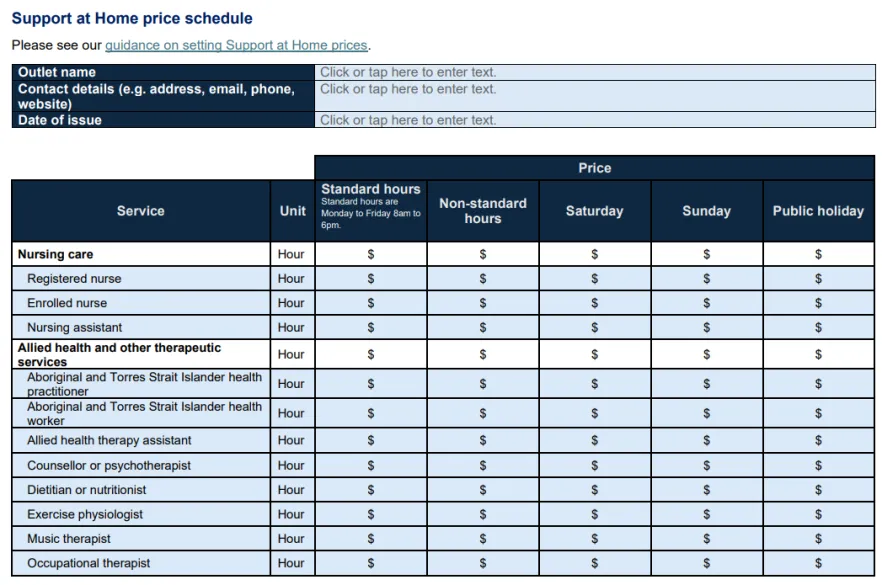 Support at Home price schedule cover page
