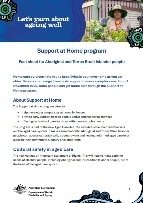 Support at Home fact sheet for Aboriginal and Torres Strait Islander people cover page