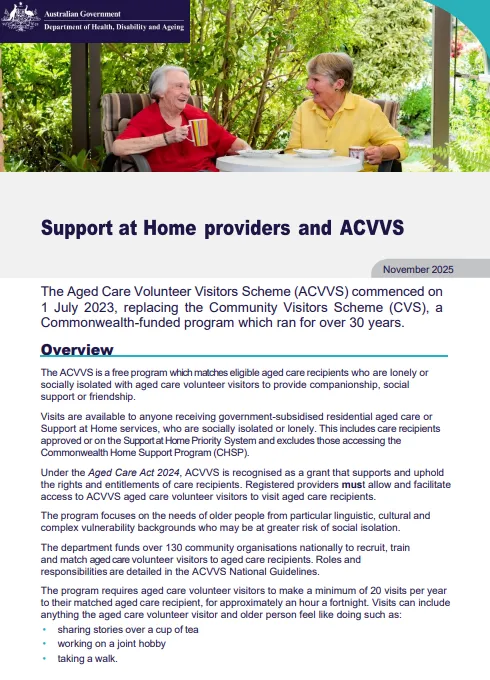 Cover page for the Support at Home providers and the Aged Care Volunteer Visitors Scheme (ACVVS).