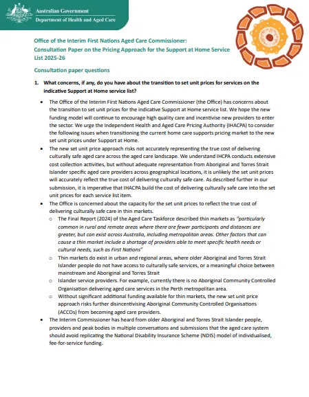 Consultation Paper on the Pricing Approach for the Support at Home Service List 2025-26 cover page