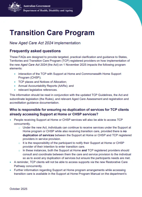 Transition Care Program – New Aged Care Act 2024 implementation cover page