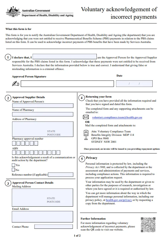 Voluntary acknowledgement of incorrect payments (PBS) cover page