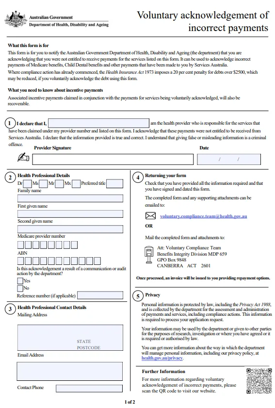 Voluntary acknowledgement of incorrect payments cover page