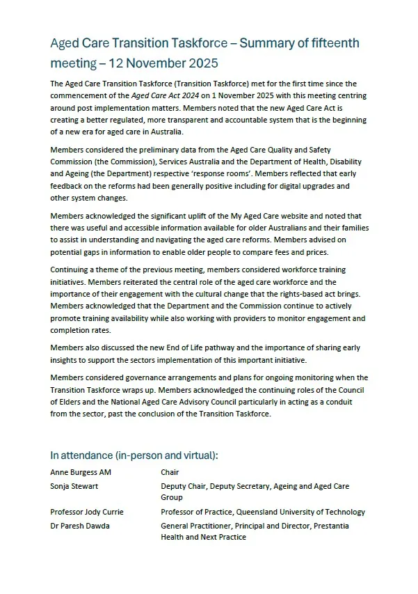 Image of the front page of Transition Taskforce Minutes of November 2025 meeting