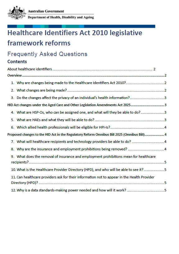 Cover image of the Healthcare Identifiers Act 2010: Frequently Asked Questions front page