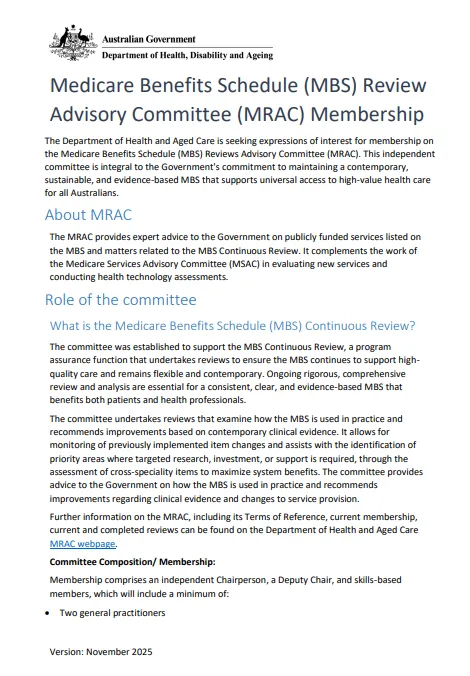 Cover page for the Medicare Benefits Schedule Review Advisory Committee (MRAC) member