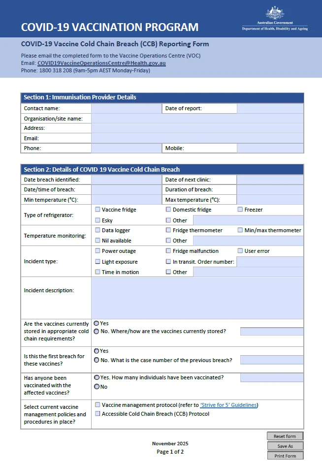 Cover page image of the COVID-19 Vaccine Cold Chain Breach (CCB) Reporting Form