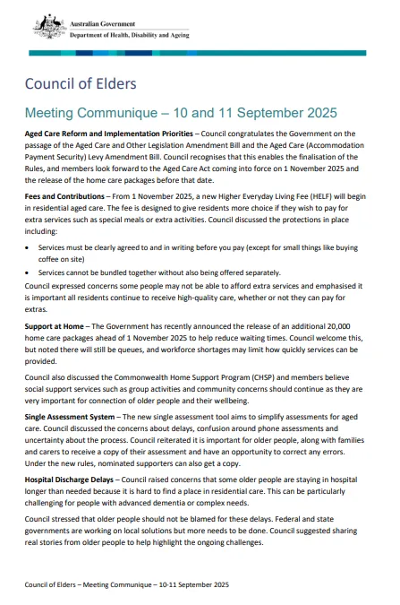 cover page for the Council of Elders communique – 10 and 11 September 2025