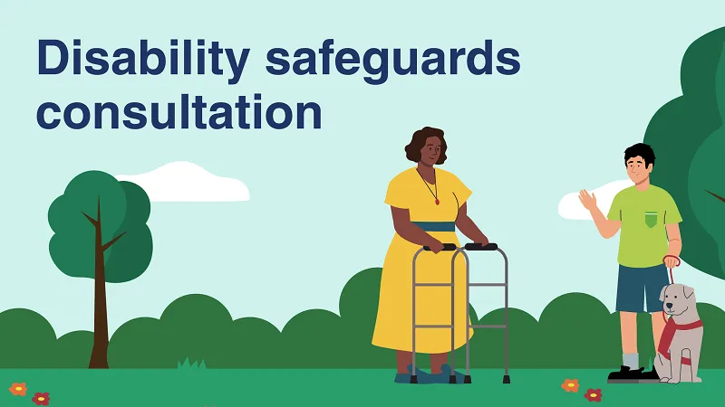 Illustration image of a female with a walker and a male with a dog in the park