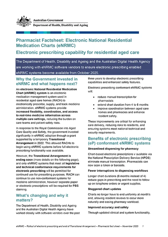 THUMBNAIL: Electronic National Residential Medication Charts (eNRMC) – Pharmacist fact sheet