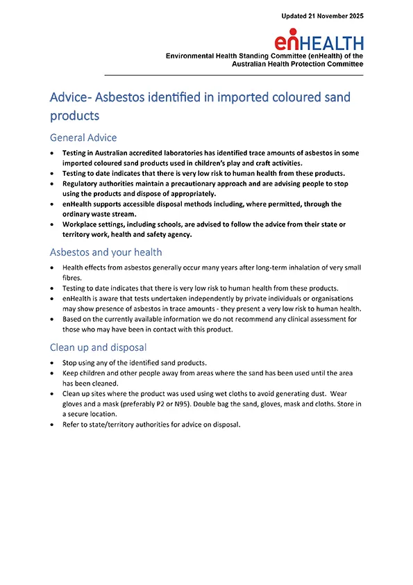 Thumbnail: Asbestos has been detected in some imported coloured sand used for children’s play and craft. Regulators and health agencies are acting to ensure safety. Stop using affected products, follow recall and disposal instructions. Current risk is very low; no clinical checks needed