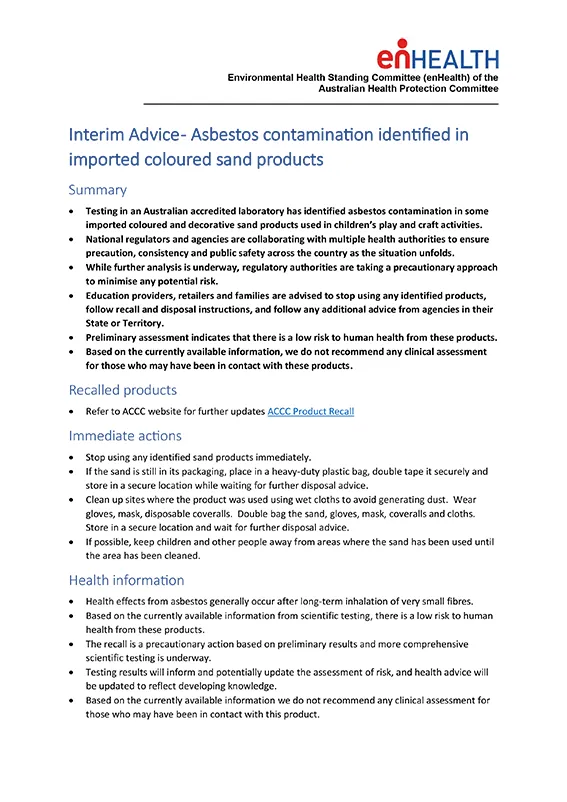Thumbnail: enHealth Interim Advice – Asbestos contamination identified in imported coloured sand products