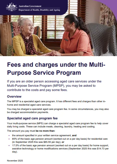 Fees and charges under the Multi-Purpose Service Program cover page