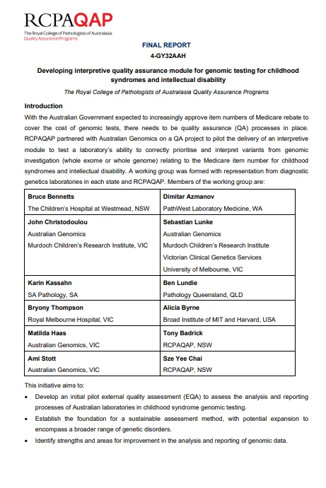 Cover page for the Developing interpretive quality assurance module for genomic testing for childhood