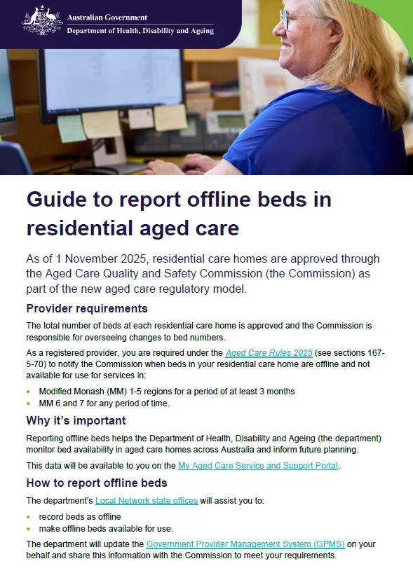 Cover page for the Guide to report offline beds in residential aged care