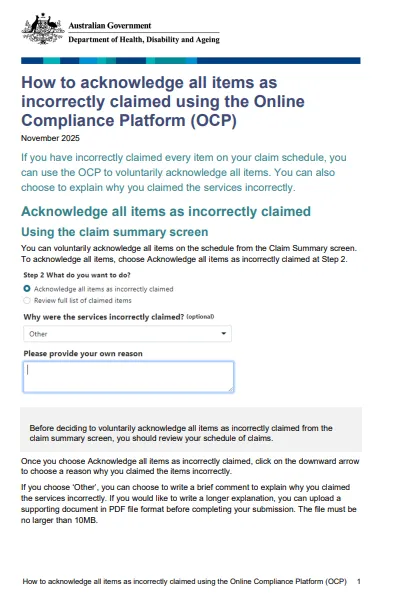 How to acknowledge all items as incorrectly claimed using the OCP cover page