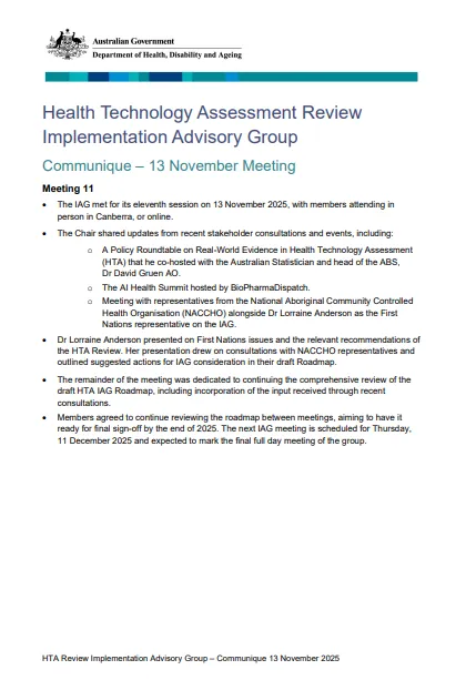 Cover page for the HTA Review Implementation Advisory Group communique