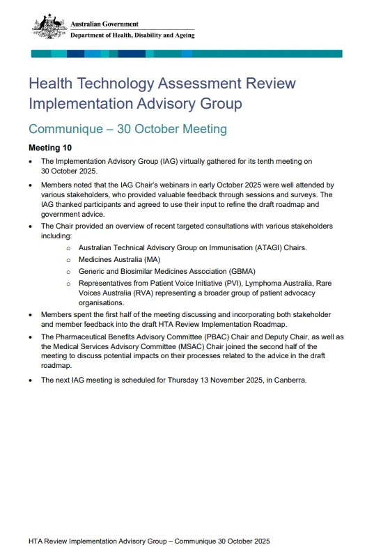Cover page for the HTA Review Implementation Advisory Group commun0 October 2025 Communique