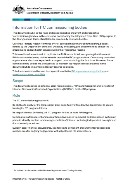 Cover page for the Information for ITC commissioning bodies