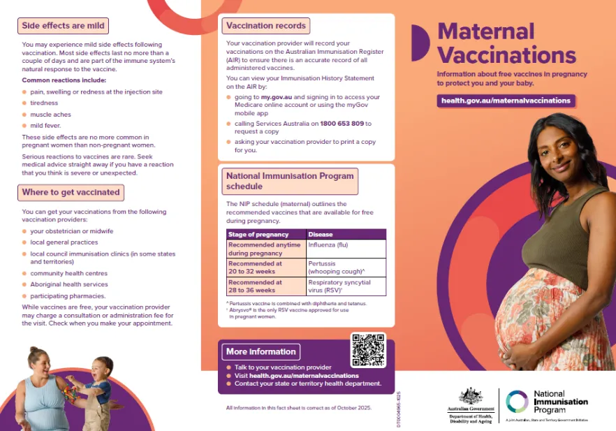 Cover page for the Maternal Vaccinations brochure