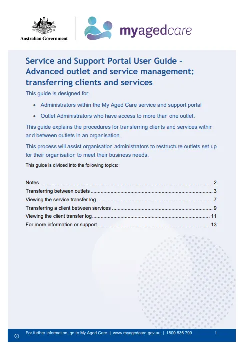 Cover page for the Service and Support Portal user guide – Advanced outlet and service management – Transferring clients and services