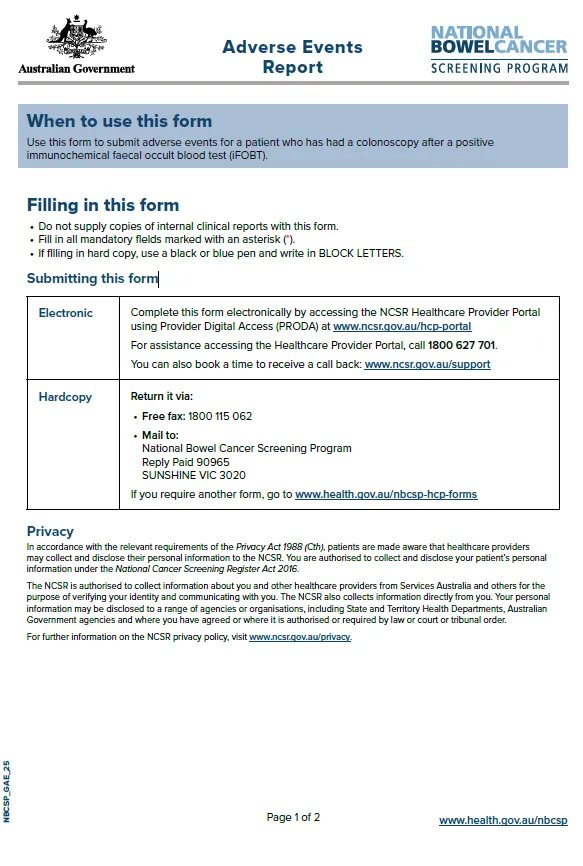 Cover image of the Adverse events form
