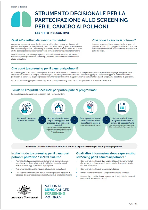 Programma nazionale di screening per il cancro ai polmoni – Strumento decisionale per la partecipazione allo screening per il cancro ai polmoni – Libretto riassuntivo