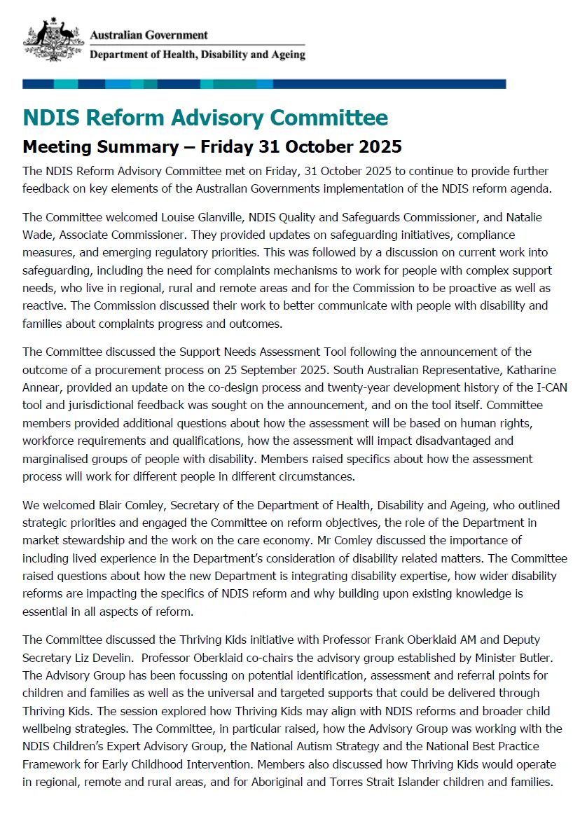 Cover page for the NDIS reform advisory committee meeting summary for the 31 October 2025